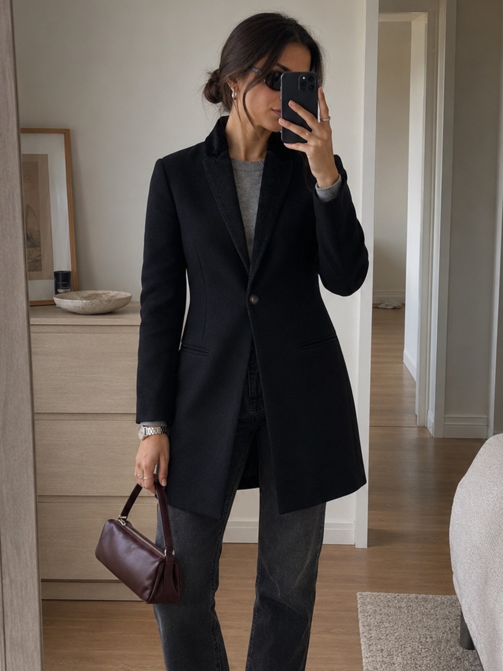 AllSaints Onix Pony Black Wool Coat Tailored Straight Coat Leather Trim Size 2